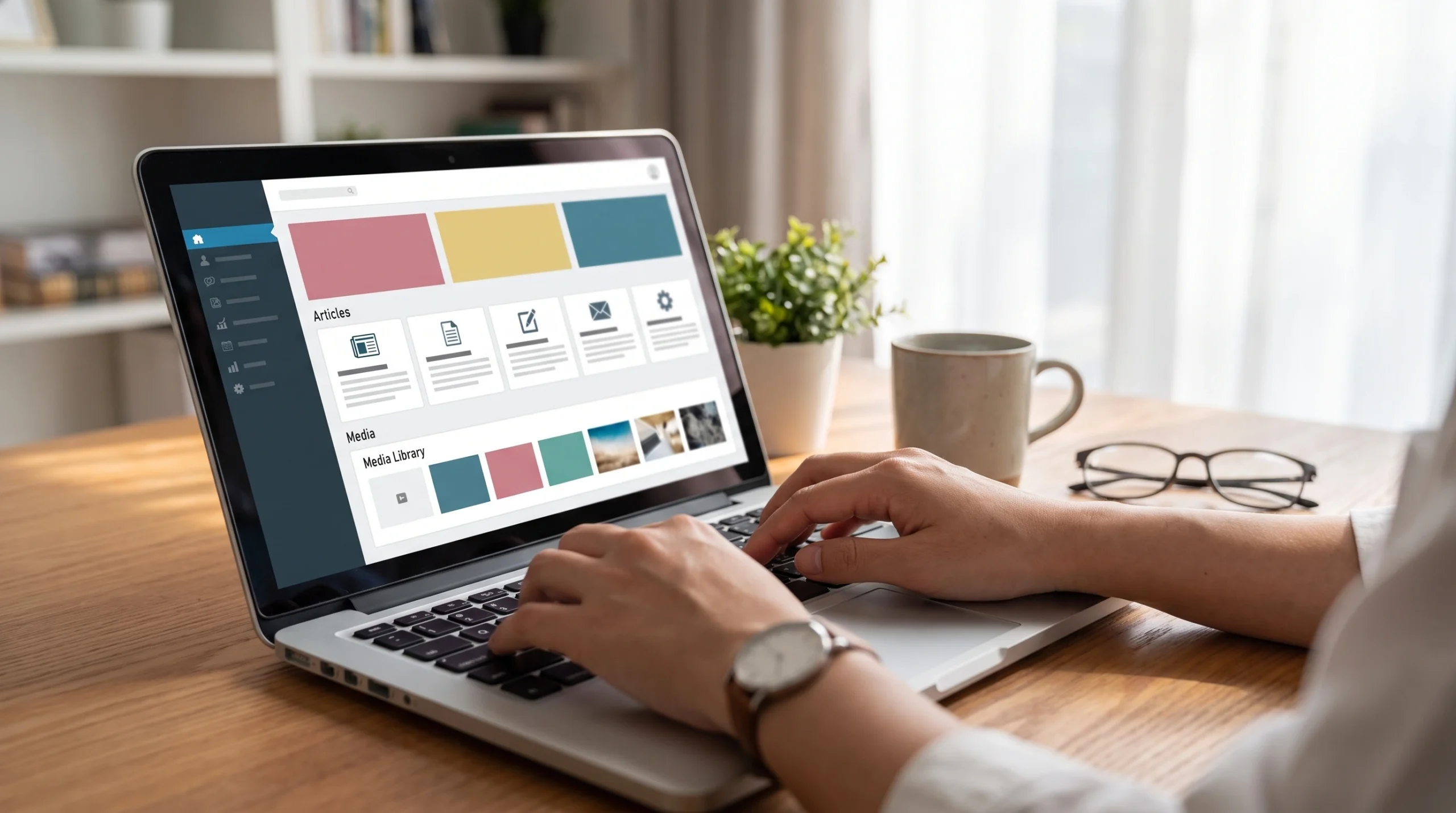 Business owner using a content management system dashboard to publish website content