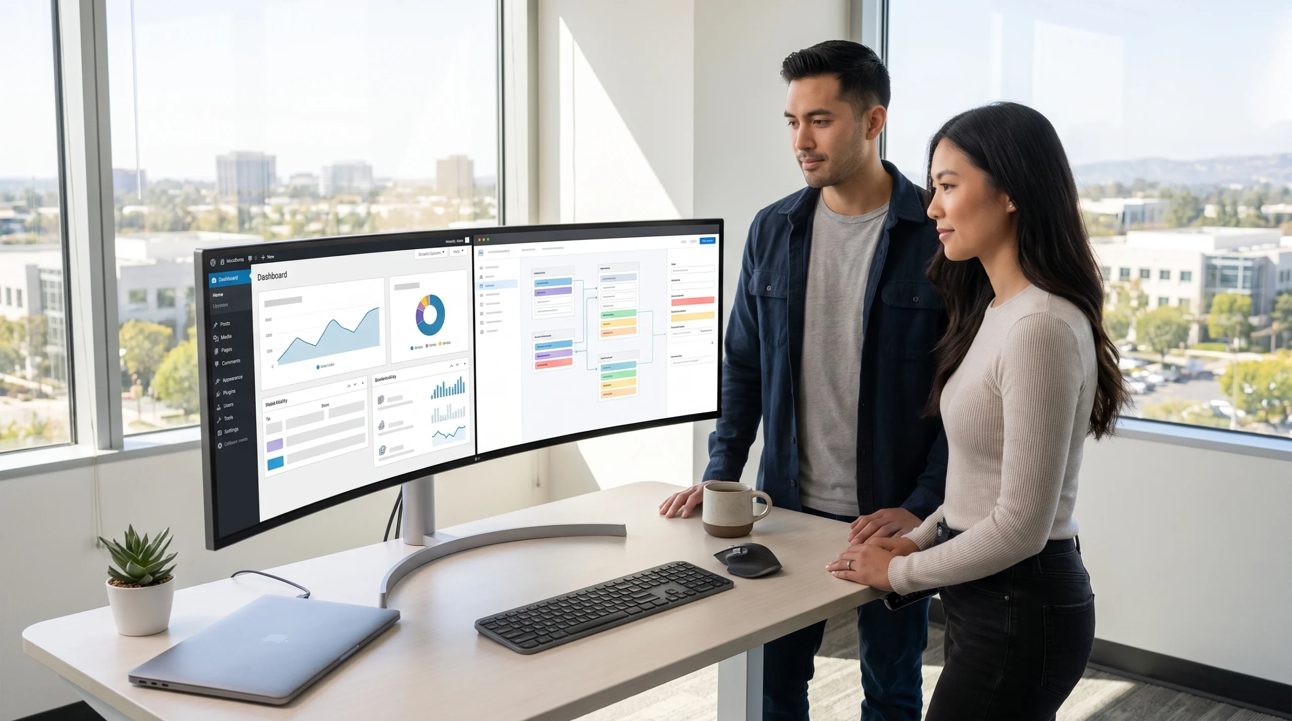 Developers comparing wordpress vs headless cms setups on dual monitors in an Orange County office
